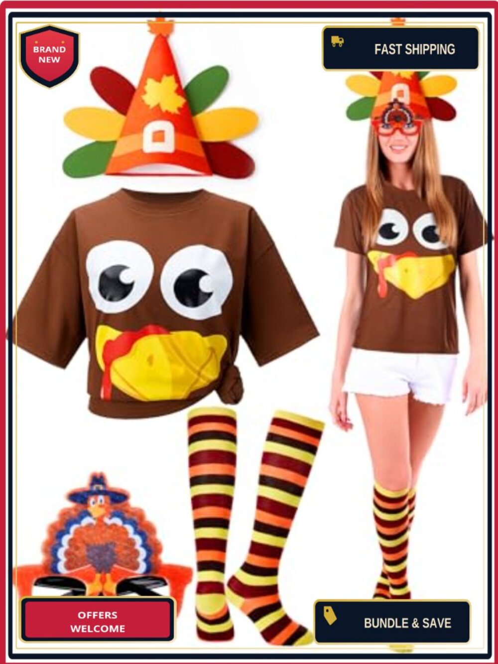 4 Pc Thanksgiving Turkey Costume Set Felt Tutu Socks Sunglasses Adult